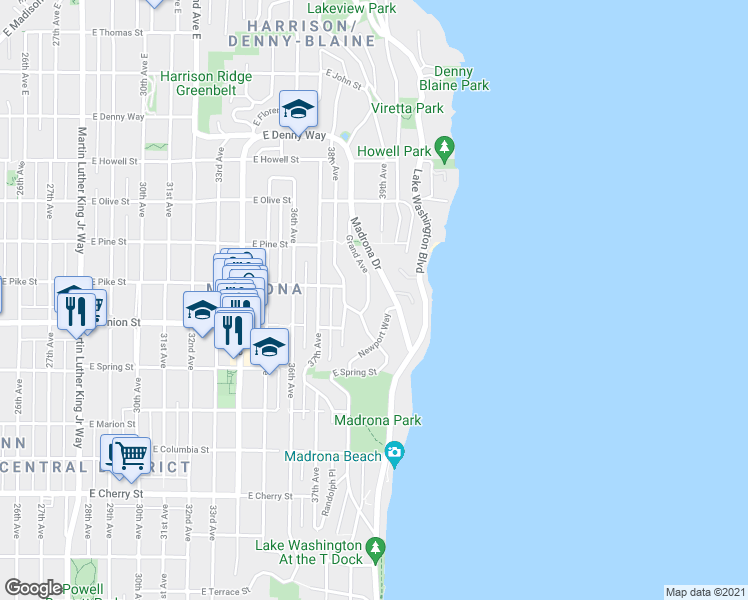map of restaurants, bars, coffee shops, grocery stores, and more near 1430 Newport Way in Seattle