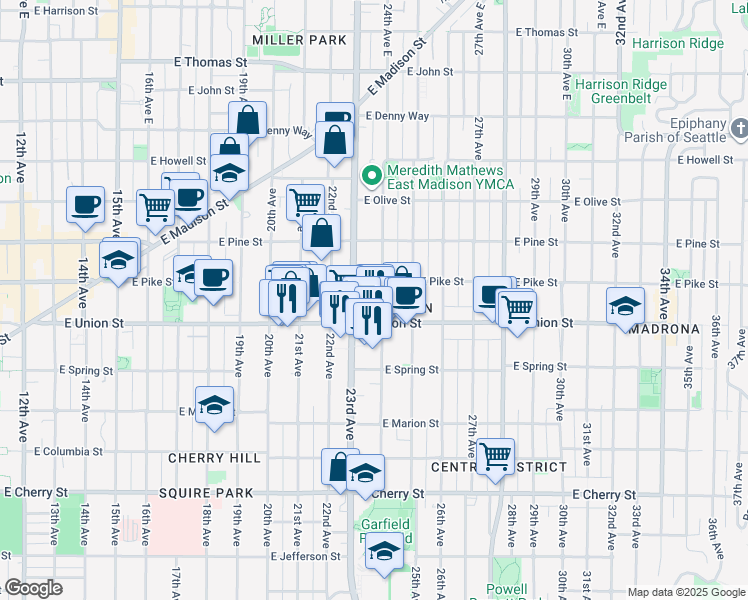 map of restaurants, bars, coffee shops, grocery stores, and more near in Seattle