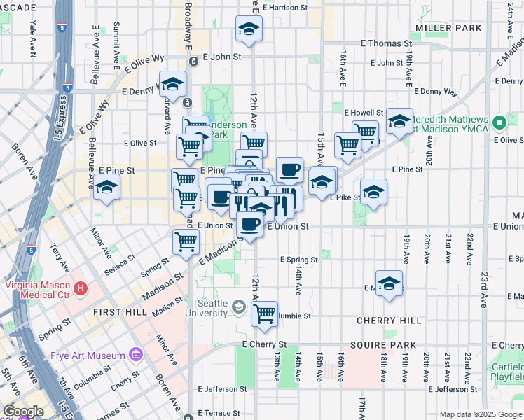 map of restaurants, bars, coffee shops, grocery stores, and more near 1221 East Madison Street in Seattle