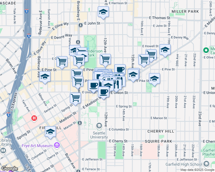 map of restaurants, bars, coffee shops, grocery stores, and more near 1221 East Madison Street in Seattle