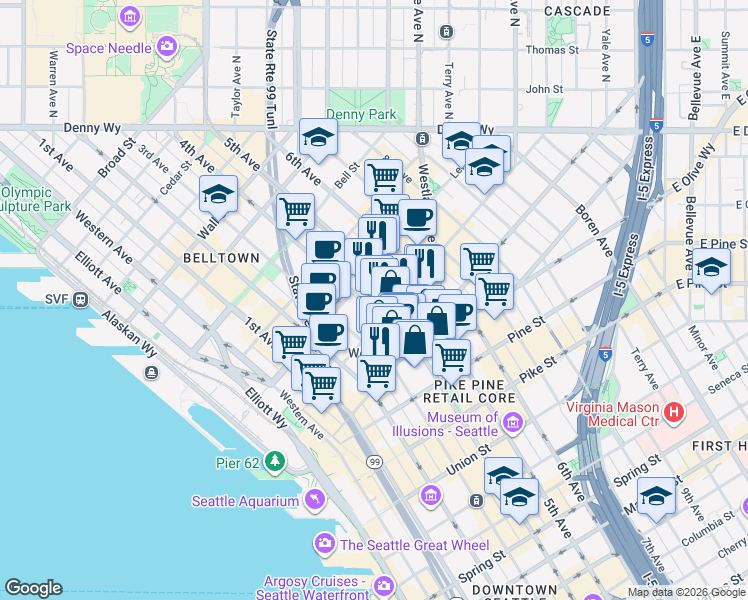 map of restaurants, bars, coffee shops, grocery stores, and more near 2001 4th Avenue in Seattle