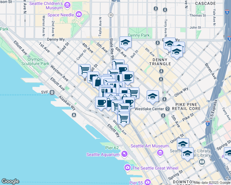 map of restaurants, bars, coffee shops, grocery stores, and more near 2119 2nd Avenue in Seattle