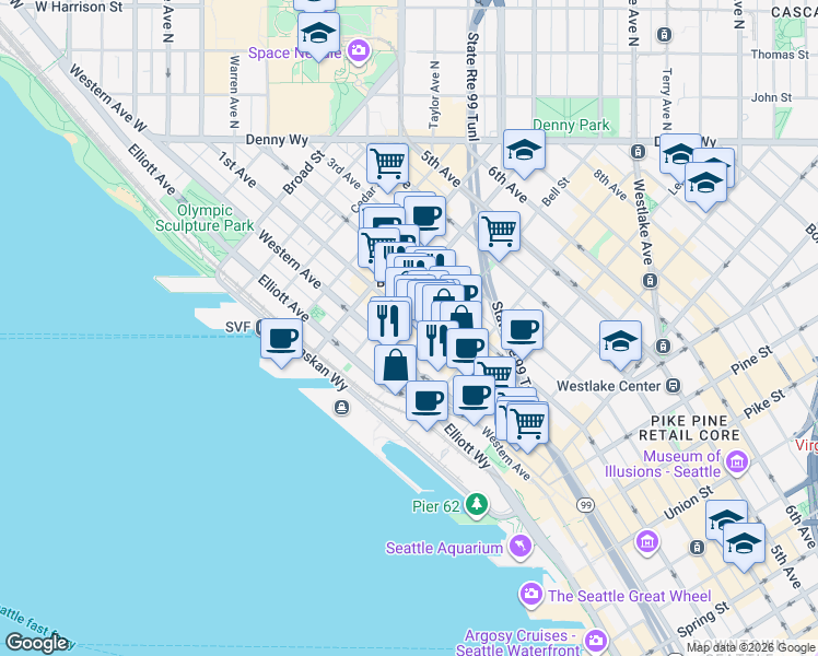 map of restaurants, bars, coffee shops, grocery stores, and more near 2303 Western Avenue in Seattle