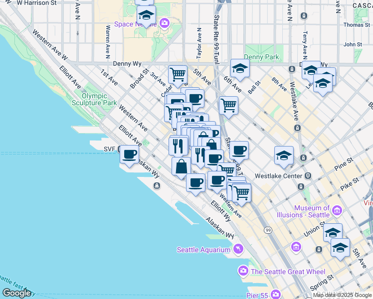 map of restaurants, bars, coffee shops, grocery stores, and more near 2303 Western Avenue in Seattle