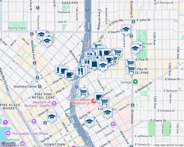 map of restaurants, bars, coffee shops, grocery stores, and more near 1400 Boren Avenue in Seattle