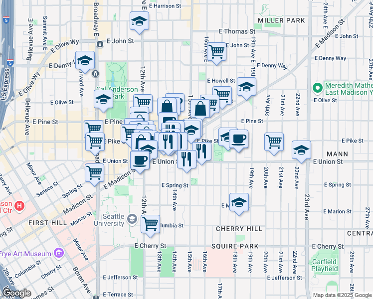 map of restaurants, bars, coffee shops, grocery stores, and more near 1422 East Union Street in Seattle