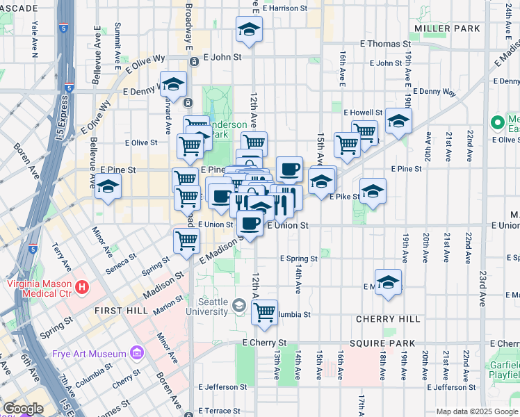 map of restaurants, bars, coffee shops, grocery stores, and more near 1221 East Madison Street in Seattle