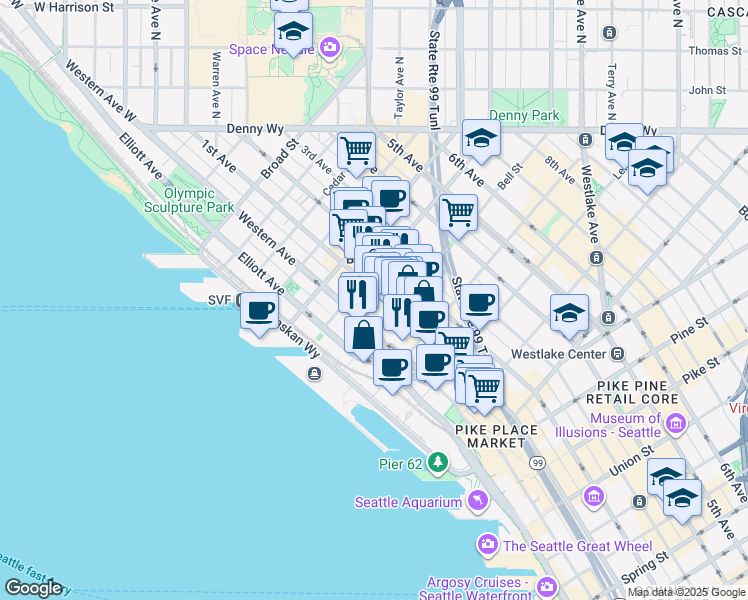 map of restaurants, bars, coffee shops, grocery stores, and more near 2303 Western Avenue in Seattle