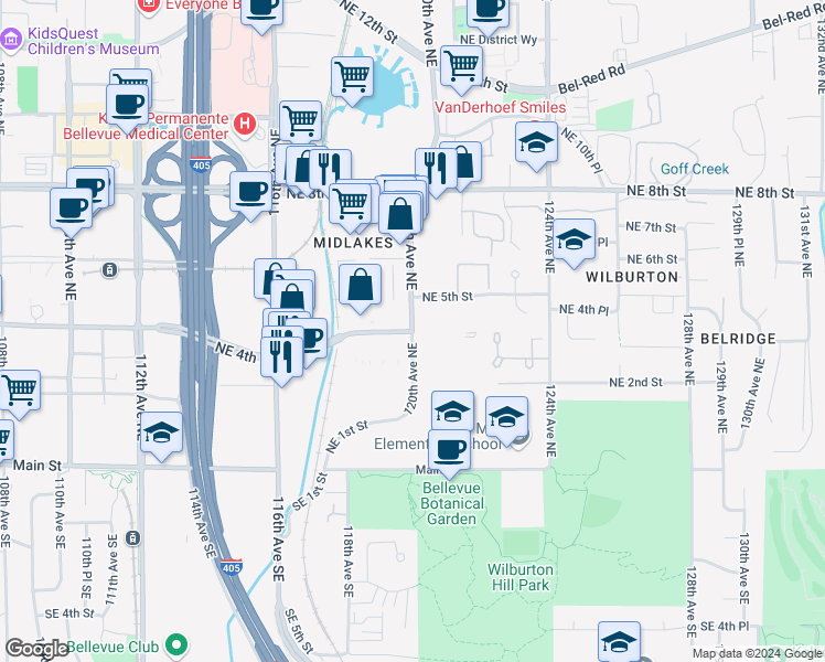 map of restaurants, bars, coffee shops, grocery stores, and more near 377 120th Avenue Northeast in Bellevue