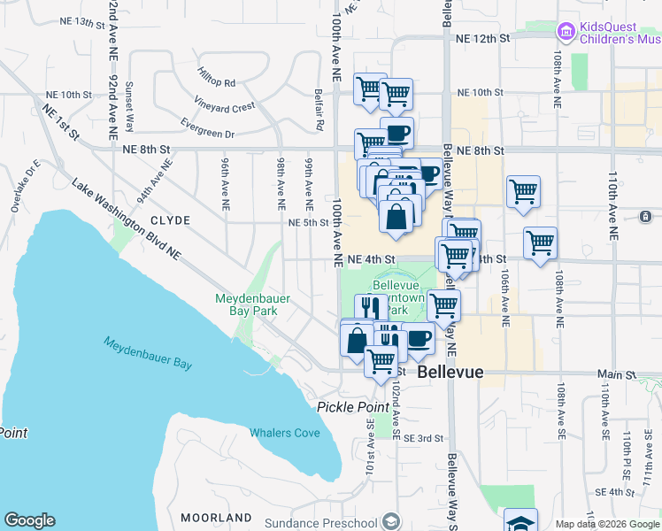 map of restaurants, bars, coffee shops, grocery stores, and more near 200 99th Avenue Northeast in Bellevue