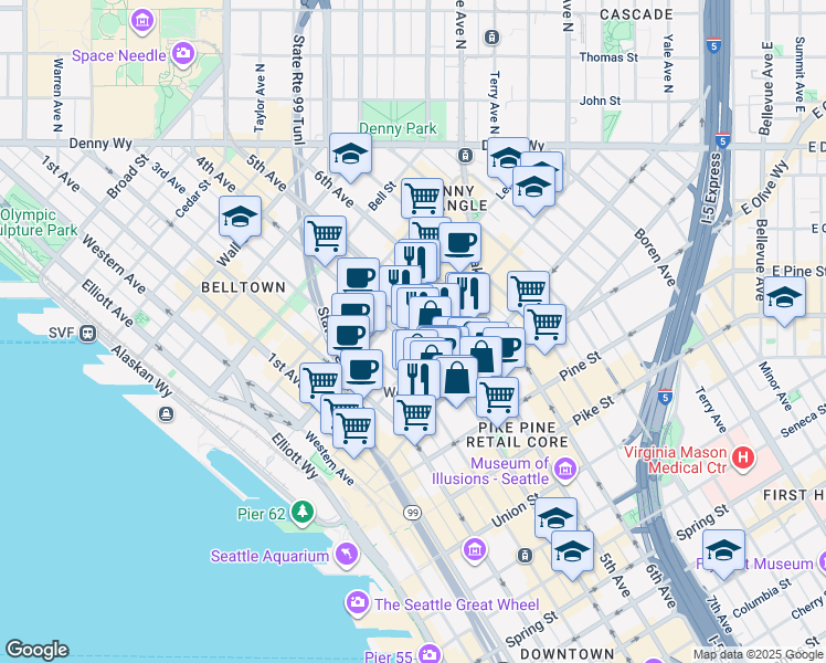 map of restaurants, bars, coffee shops, grocery stores, and more near 2001 4th Avenue in Seattle
