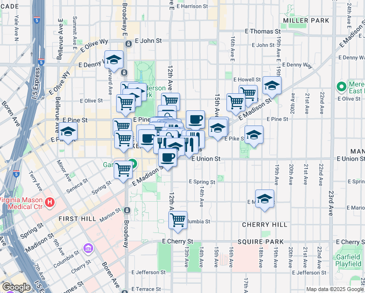 map of restaurants, bars, coffee shops, grocery stores, and more near 1222 East Madison Street in Seattle