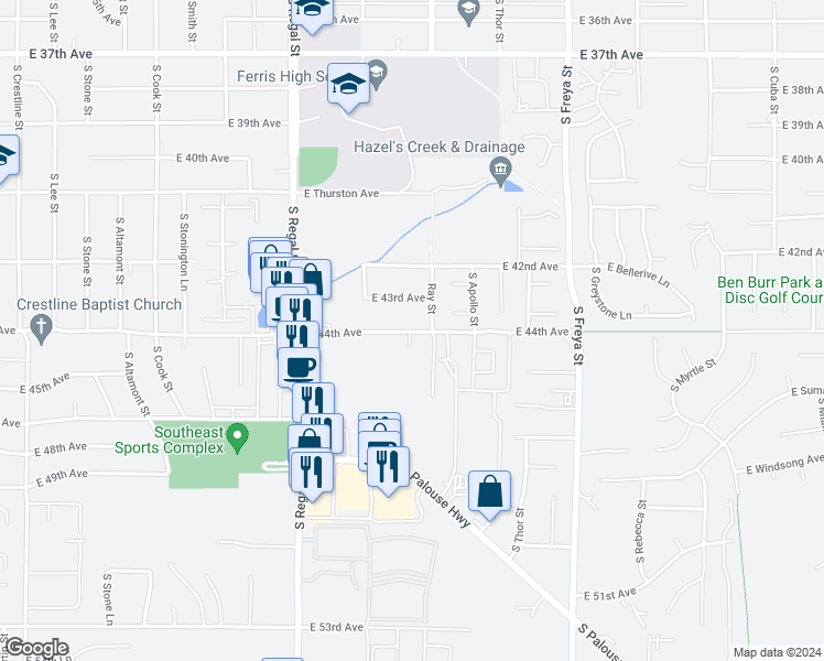 map of restaurants, bars, coffee shops, grocery stores, and more near 4515 South Regal Street in Spokane