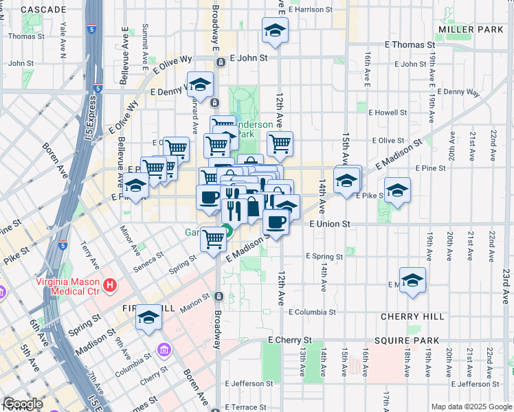 map of restaurants, bars, coffee shops, grocery stores, and more near 1010 East Union Street in Seattle
