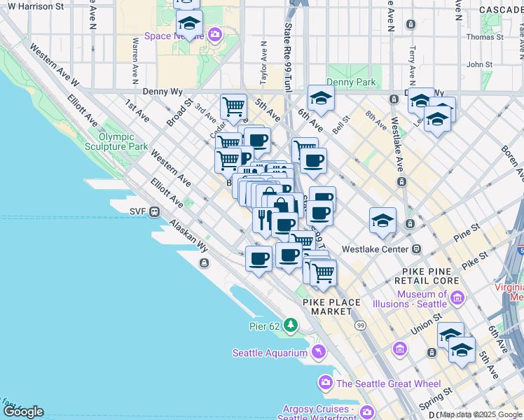 map of restaurants, bars, coffee shops, grocery stores, and more near 2225 1st Avenue in Seattle