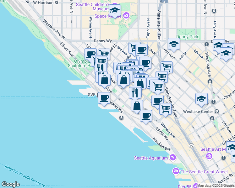 map of restaurants, bars, coffee shops, grocery stores, and more near 9 Wall Street in Seattle