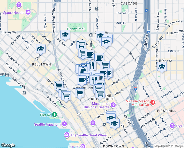map of restaurants, bars, coffee shops, grocery stores, and more near 1900 5th Avenue in Seattle