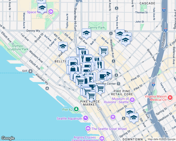 map of restaurants, bars, coffee shops, grocery stores, and more near 2101 3rd Avenue in Seattle