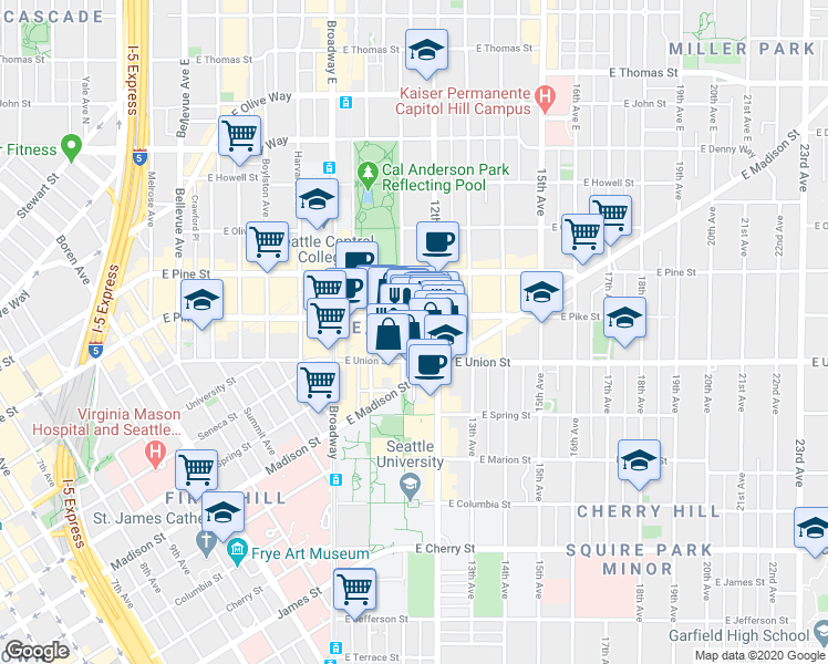 map of restaurants, bars, coffee shops, grocery stores, and more near 1121 East Union Street in Seattle