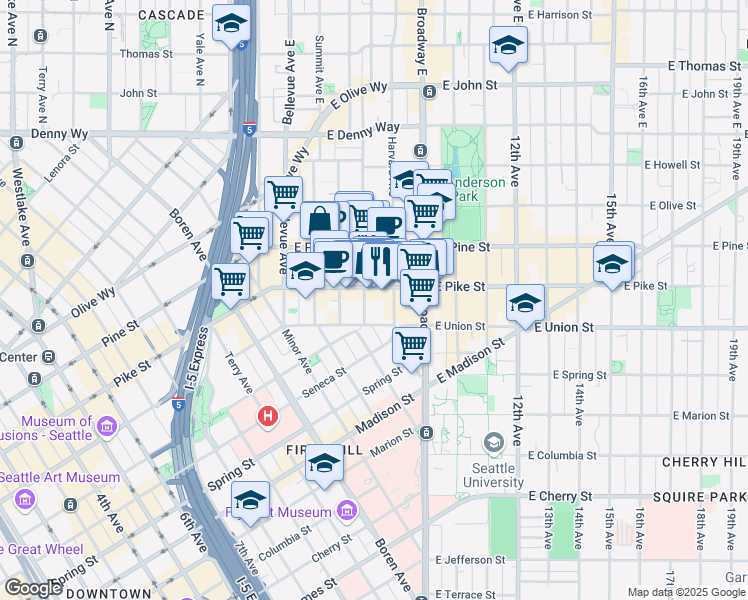 map of restaurants, bars, coffee shops, grocery stores, and more near 614 Boylston Avenue in Seattle