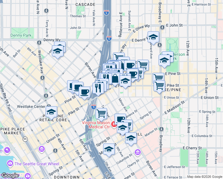 map of restaurants, bars, coffee shops, grocery stores, and more near 1400 Boren Avenue in Seattle