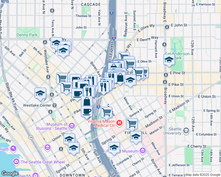 map of restaurants, bars, coffee shops, grocery stores, and more near 1011 Pike Street in Seattle