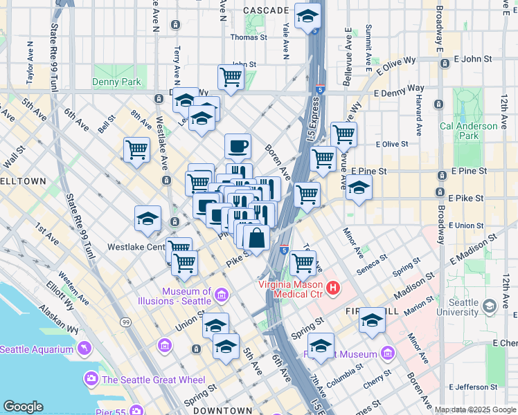 map of restaurants, bars, coffee shops, grocery stores, and more near in Seattle