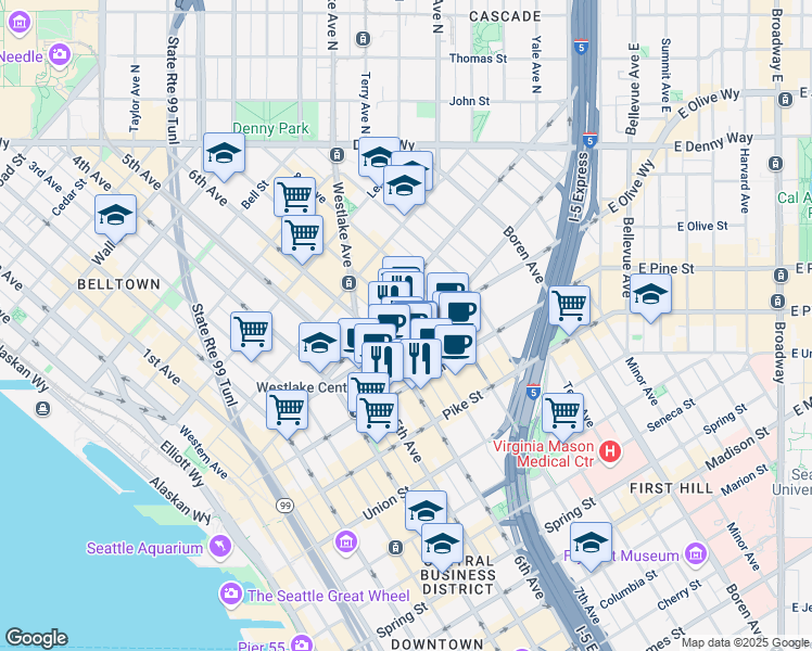 map of restaurants, bars, coffee shops, grocery stores, and more near 600 Pine Street in Seattle
