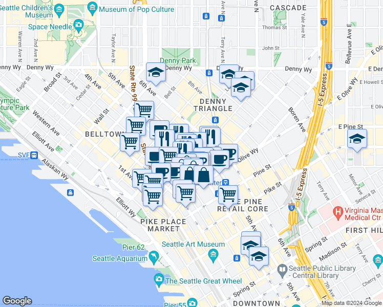 map of restaurants, bars, coffee shops, grocery stores, and more near 2001 4th Avenue in Seattle