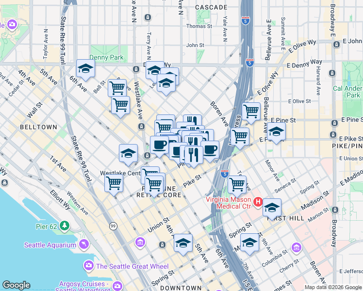 map of restaurants, bars, coffee shops, grocery stores, and more near 737 Olive Way in Seattle