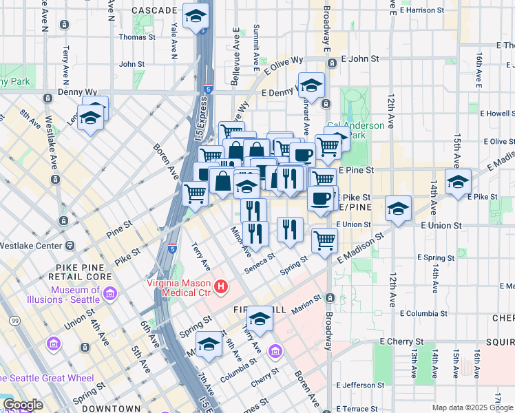 map of restaurants, bars, coffee shops, grocery stores, and more near 1430 Summit Avenue in Seattle