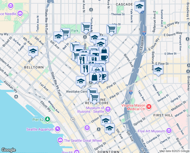map of restaurants, bars, coffee shops, grocery stores, and more near 605 Stewart Street in Seattle