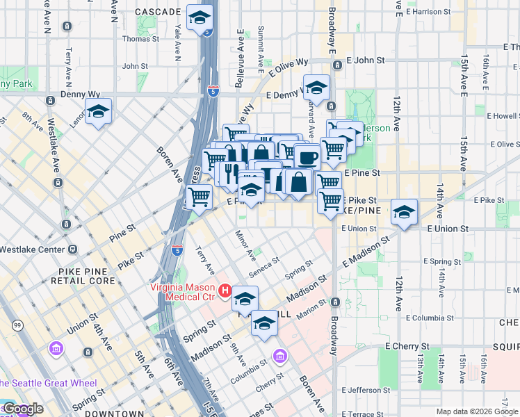 map of restaurants, bars, coffee shops, grocery stores, and more near 1520 Melrose Avenue in Seattle