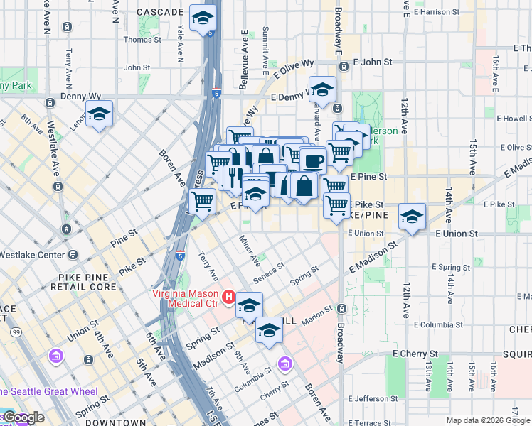 map of restaurants, bars, coffee shops, grocery stores, and more near in Seattle