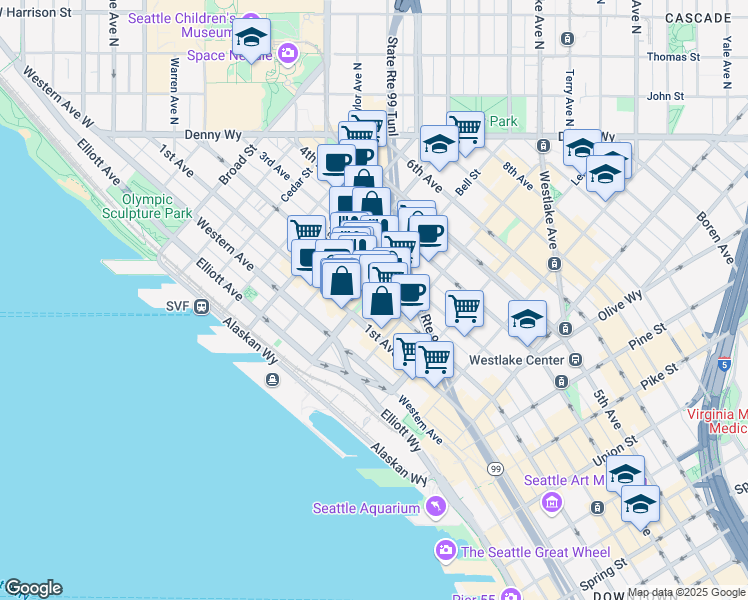 map of restaurants, bars, coffee shops, grocery stores, and more near 2316 2nd Avenue in Seattle