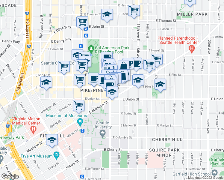 map of restaurants, bars, coffee shops, grocery stores, and more near 1214 East Pike Street in Seattle