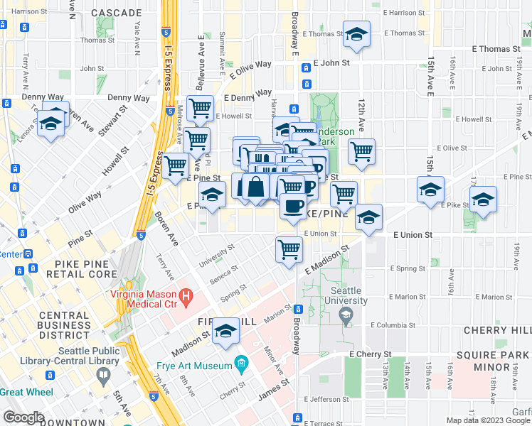 map of restaurants, bars, coffee shops, grocery stores, and more near 1500 Harvard Avenue in Seattle