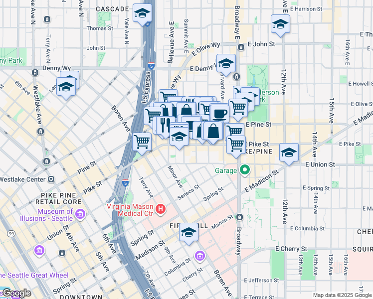 map of restaurants, bars, coffee shops, grocery stores, and more near in Seattle