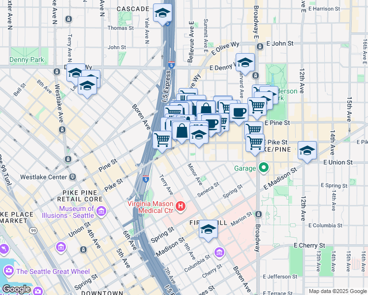 map of restaurants, bars, coffee shops, grocery stores, and more near 1514 Bellevue Avenue in Seattle