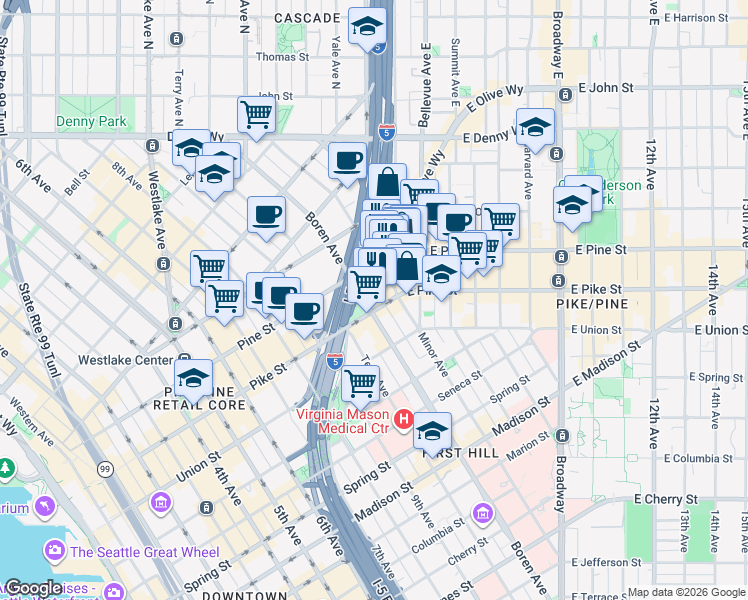 map of restaurants, bars, coffee shops, grocery stores, and more near in Seattle