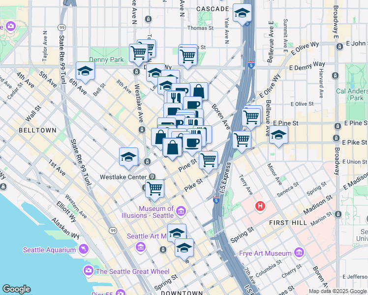 map of restaurants, bars, coffee shops, grocery stores, and more near 823 Howell Street in Seattle