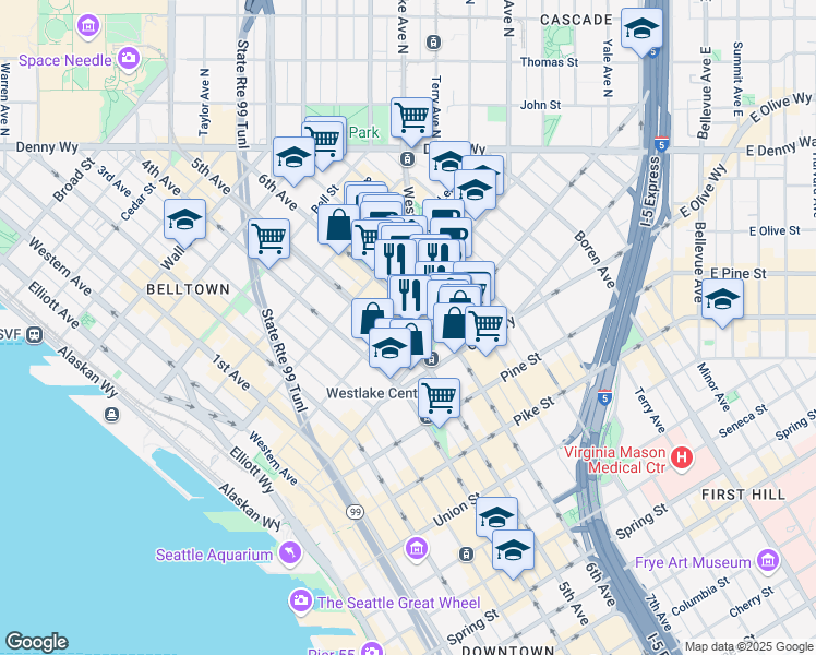 map of restaurants, bars, coffee shops, grocery stores, and more near 2001 6th Avenue in Seattle