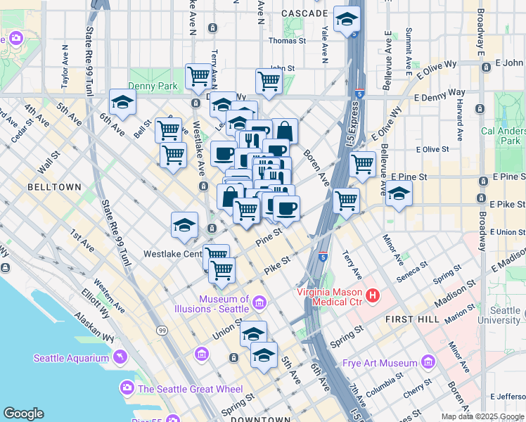 map of restaurants, bars, coffee shops, grocery stores, and more near 823 Howell Street in Seattle