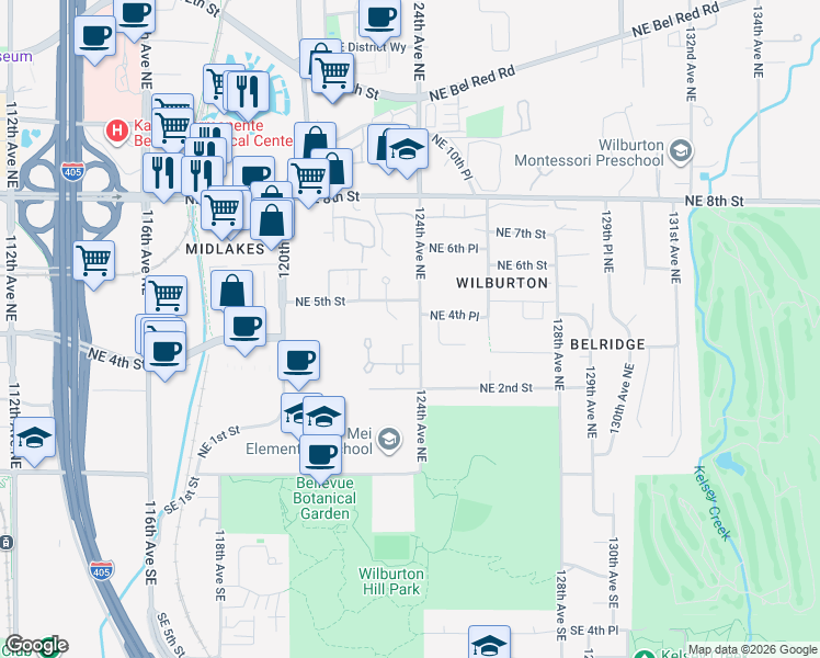 map of restaurants, bars, coffee shops, grocery stores, and more near 488 123rd Place Northeast in Bellevue
