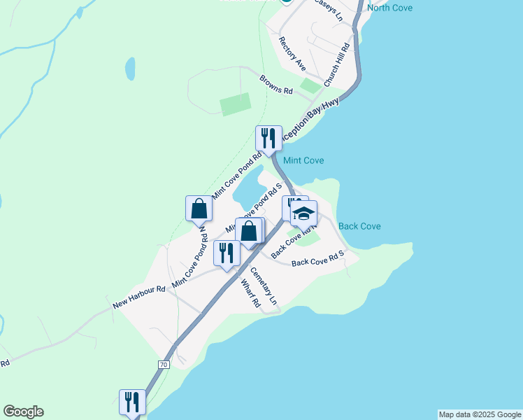 map of restaurants, bars, coffee shops, grocery stores, and more near 8 Mint Cove Pond Road South in Spaniard's Bay