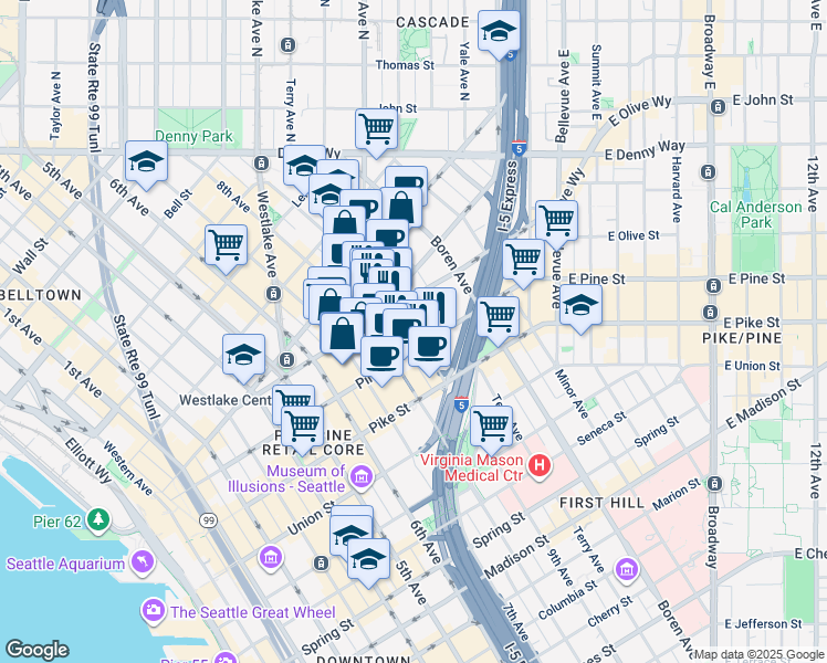 map of restaurants, bars, coffee shops, grocery stores, and more near 1601 9th Avenue in Seattle