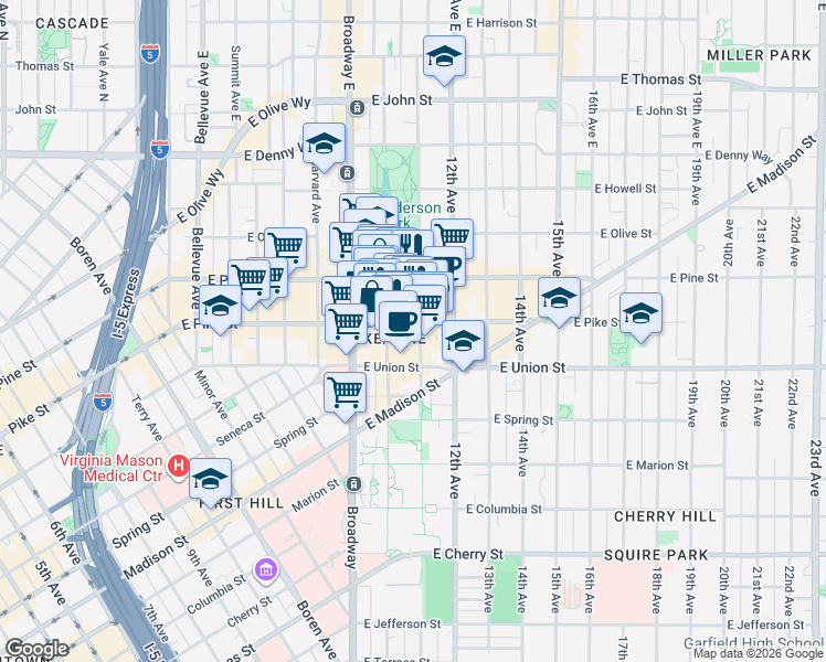 map of restaurants, bars, coffee shops, grocery stores, and more near 1019 East Pike Street in Seattle
