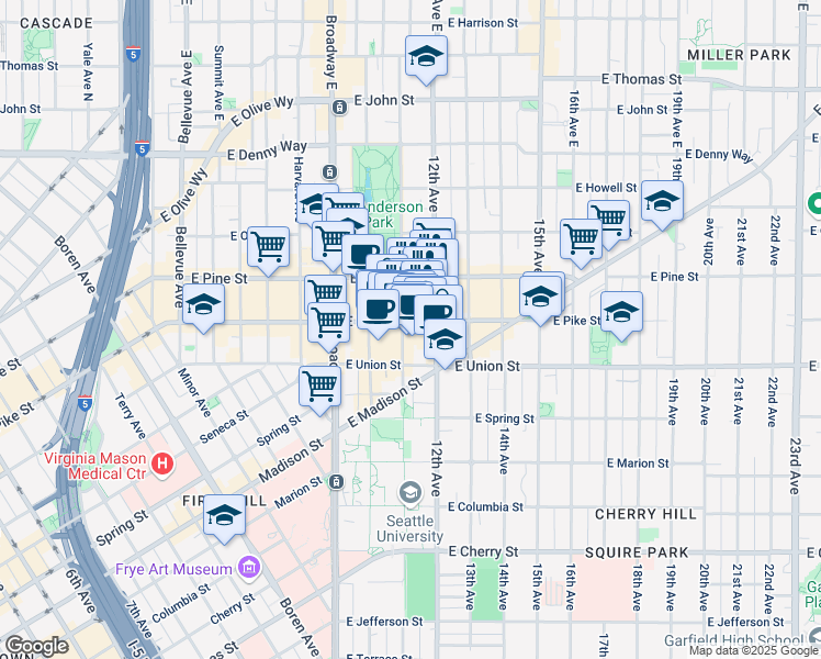 map of restaurants, bars, coffee shops, grocery stores, and more near 1101 East Pike Street in Seattle