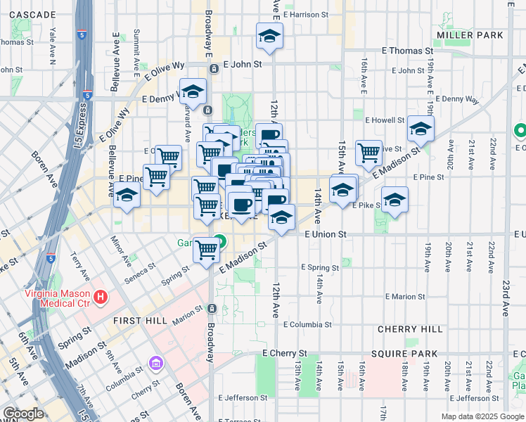 map of restaurants, bars, coffee shops, grocery stores, and more near 1111 East Pike Street in Seattle