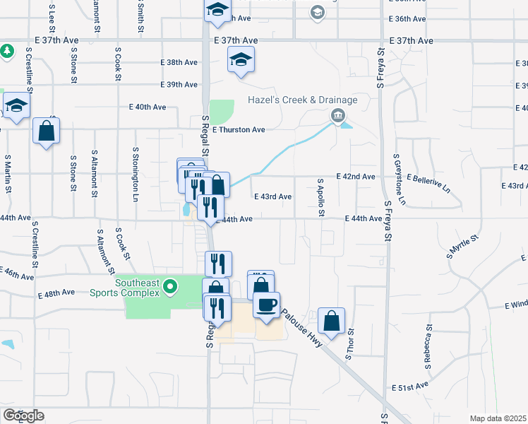 map of restaurants, bars, coffee shops, grocery stores, and more near 3115 East 44th Avenue in Spokane